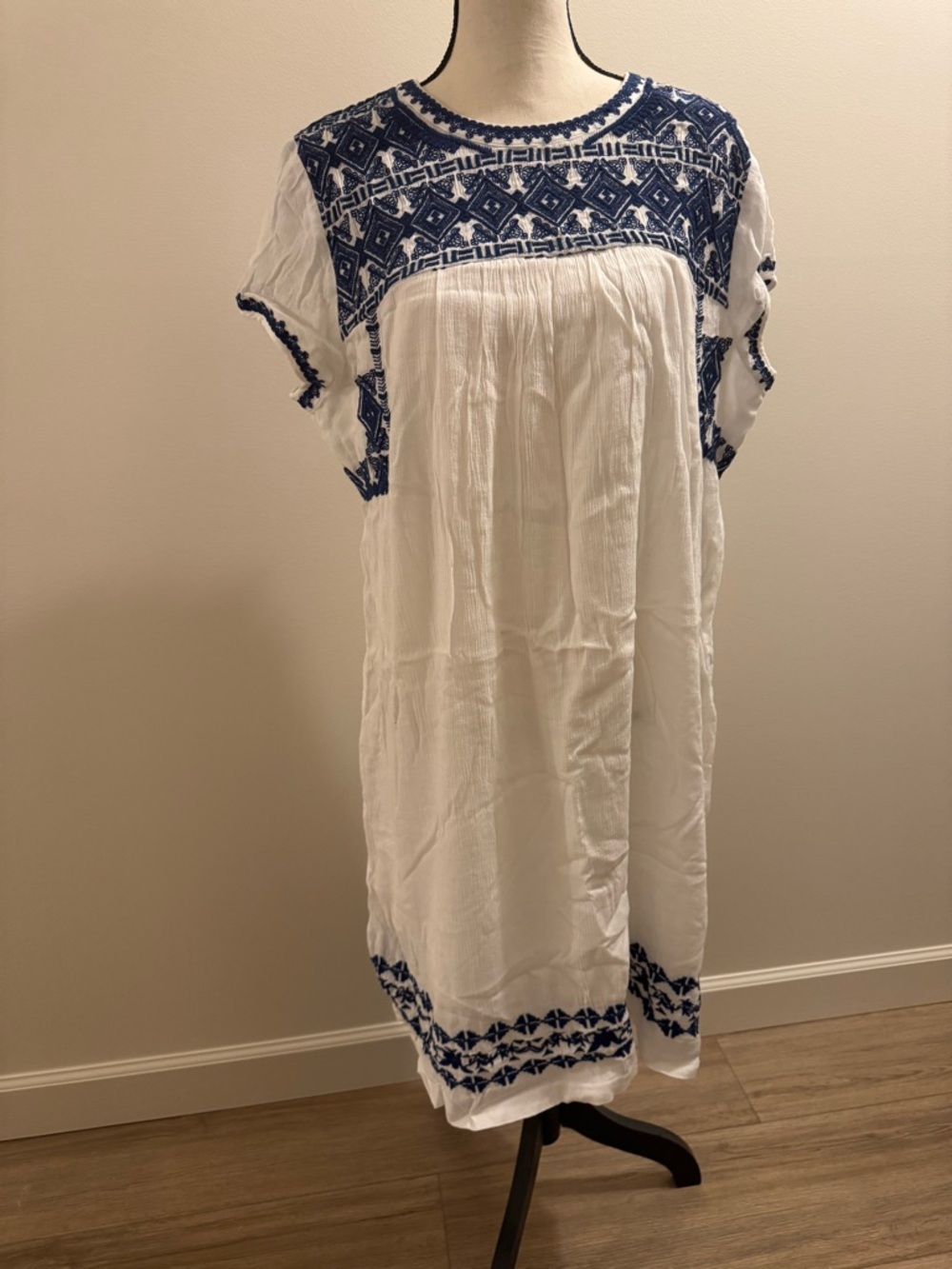 Lucky Brand White Midi Dress with Blue Embroidery